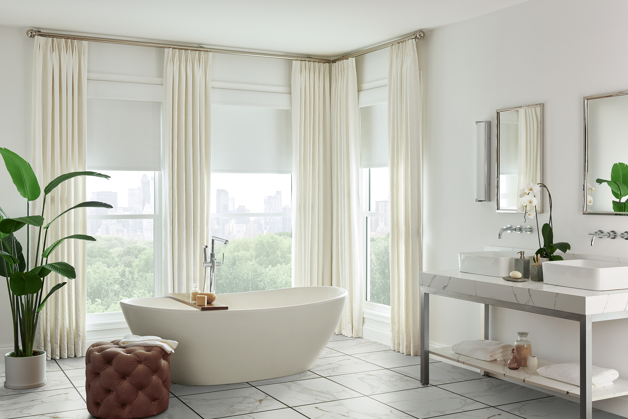 white drapery and roller shades